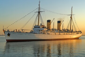 Obraz premium Historic ship docked at sunset, reflecting on water.