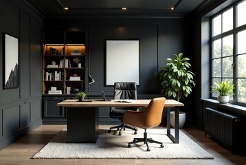 Modern Black Wall Home Office Interior Design, Large Desk, Leather Chair, Bookshelf, Window, AI Photorealistic