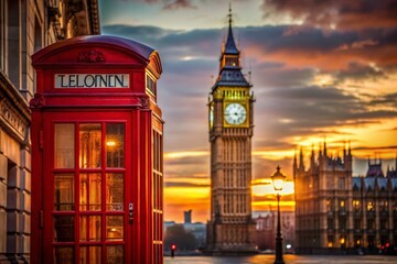 Obraz premium Classic London: Red Telephone Booth and Big Ben at Dawn