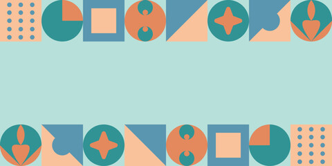 Abstract geometric pattern with blue, orange, peach and green top and bottom frames on a light blue background