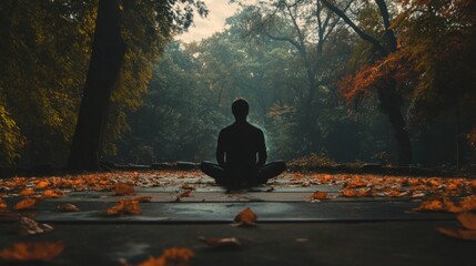 Silhouette of a person meditating in a peaceful forest setting.