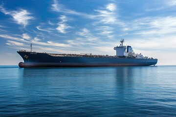 Fototapeta premium Large cargo ship sailing on calm waters under a blue sky.