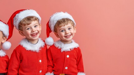 Delighted young boys in Santa costumes on pastel background in cartoon style