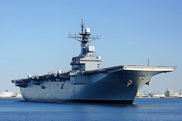 Large military aircraft carrier docked in a harbor.