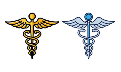 Colorful Caduceus Medical Symbol Icons, Two colorful caduceus icons featuring serpents and wings in gold and blue tones, ideal for healthcare, medicine, and professional medical designs.  
