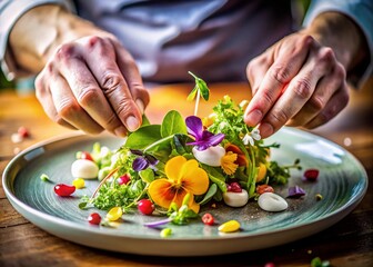 Close-up Chef's Hands Expertly Garnishing Gourmet Dish - Culinary Food Photography