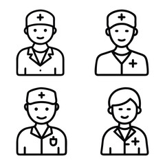 Healthcare Professional Outline Icon Set, A set of four black-and-white outline icons featuring doctors and nurses in medical uniforms, ideal for healthcare, hospital, and medical-themed designs.  
