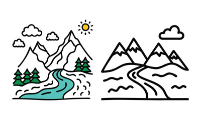 Mountain River Icons with Sun and Clouds, Two colorful mountain landscape icons featuring rivers, trees, clouds, and the sun, ideal for nature, outdoor, and travel-themed designs.  
