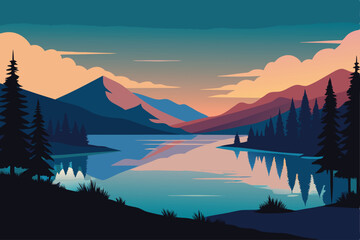 sunset on the lake vector illustration