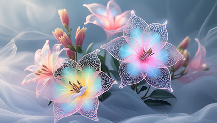 A beautiful spectrum of Alstroemerias flowers with delicate, translucent petals illuminated by soft light. Created with generative AI