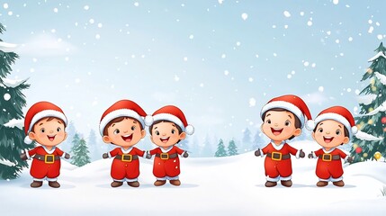 Cheerful Young Boy in Santa Costume on Snowy Landscape in Cartoon Style