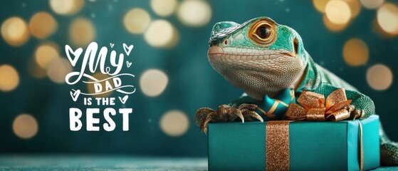 Adorable Lizard Celebrates Fathers Day with a Teal Gift, My Dad is the Best