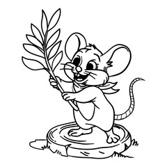 Mouse holding a twig hand drawn coloring bvook illustration