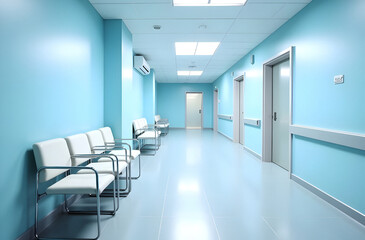 Empty modern hospital corridor, clinic hallway interior background with white chairs for patients waiting for doctor visit. Contemporary waiting room in medical office.