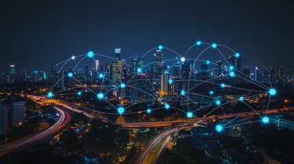 Obraz premium Smart digital city with connection cyber security network reciprocity over the cityscape . future smart wireless digital city and social media networking systems that connects people within the city