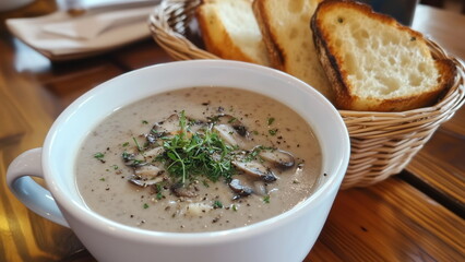 Delicious mushroom soup in a white bowl with a basket of garlic bread on the side on a table, food photography for commercial advertisement, food menu
