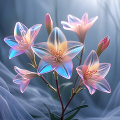Fototapeta premium A beautiful spectrum of Alstroemerias flowers with delicate, translucent petals illuminated by soft light. Created with generative AI