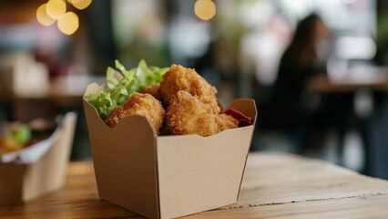 Fototapeta premium brown crispy and delicious chicken nugget in a paper box on a restaurant table