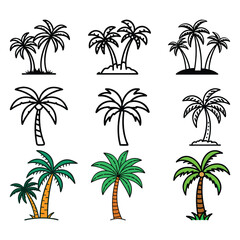 Fototapeta premium Palm Tree Icon Set: Outline and Color, A collection of nine palm tree icons in black-and-white outline and colorful styles, ideal for tropical, travel, and nature-themed designs. 