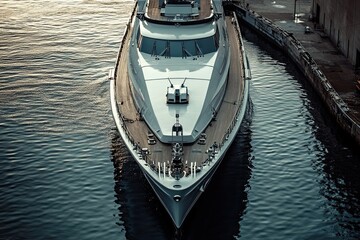 Luxurious yacht docked on calm waters.