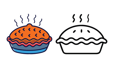 Hot Pie Icon Set in Color and Outline, Two pie icons, one colorful and one in outline style, featuring steam rising, perfect for bakery, dessert, or food-themed designs.
