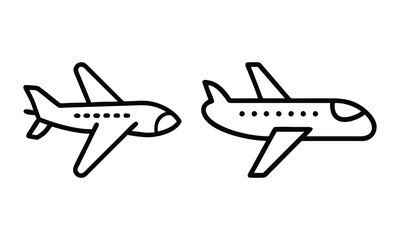 Passenger Airplane Outline Icon Set, Two black-and-white outline icons of passenger airplanes, ideal for aviation, travel, transportation, and logistics-themed designs.
