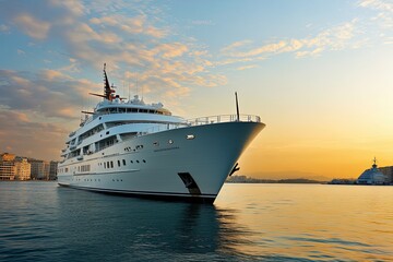 Luxury yacht anchored at sunset in calm waters.