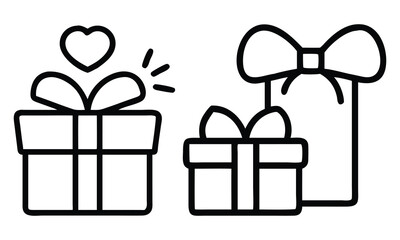 Romantic Gift Box Outline Icons, Set of black-and-white outline gift box icons featuring bows and a heart, ideal for romantic, holiday, or celebration-themed designs.
