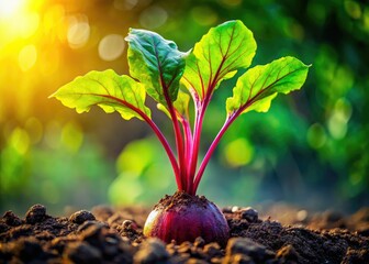 Macro lens reveals beetroot seedling growth, intricate soil texture, and delicate root development.