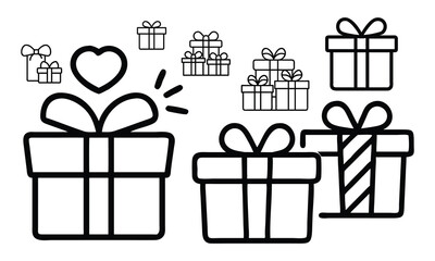 Gift Box Outline Icons with Heart, A collection of black-and-white outline gift box icons, featuring bows and a heart, perfect for celebrations, holidays, and romantic themes.
