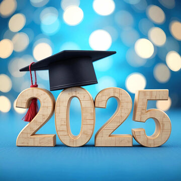 Wooden numbers of 2025 with a graduate black hat on a blue blur and glowing background. success in the future goal and passing class and time concept