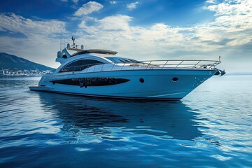 Luxury yacht anchored on calm waters under a blue sky.