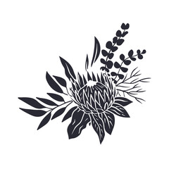 Black silhouette of tropical protea flowers and leaves bouquet. Boho floral monochrome composition isolated on white background