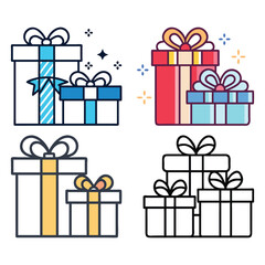 Gift Box Icon Set in Multiple Styles, A collection of four gift box icons in colorful and outline styles, ideal for celebrations, holidays, birthdays, and festive design projects.
