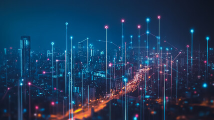 Fototapeta premium Smart digital city with connection cyber security network reciprocity over the cityscape . future smart wireless digital city and social media networking systems that connects people within the city