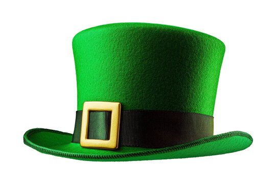 St Patricks day meme and March 17 concept with a green parade hat with a belt and buckle isolated on white background with a clip path cut out