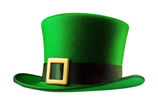 St Patricks day meme and March 17 concept with a green parade hat with a belt and buckle isolated on white background with a clip path cut out