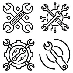 Wrenches and Gear Maintenance Icon Set, A set of four black-and-white outline icons featuring wrenches, gears, and circuit elements, symbolizing repair, maintenance, and technology tools.
