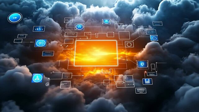 Digital interface with glowing elements, surrounded by dramatic clouds.