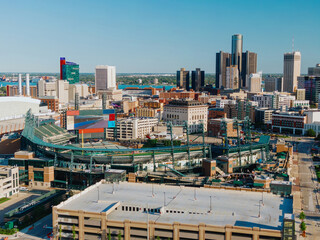 Aerial view of Comerica Park, Detroit, Michigan, with surrounding city skyline. Baseball stadium and urban landscape. Beautiful day. DOWNTOWN, DETROIT, MICHIGAN, UNITED STATES