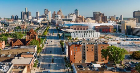 High-angle view of Detroit's downtown skyline, including the Comerica Park stadium. Urban development and city life. DOWNTOWN, DETROIT, MICHIGAN, UNITED STATES © Zenstratus
