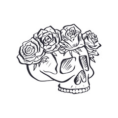 Hand drawn black and white line art floral human skull with rose crown isolated on white background. Monochrome skeleton head with flowers design