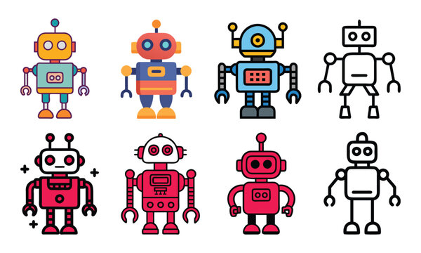 Colorful Robot Icon Collection, A set of eight robot icons in vibrant and outline styles, showcasing playful designs, ideal for technology, AI, and futuristic projects.
