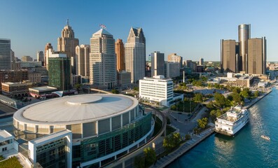 Detroit skyline, including the Fox Theatre, and the Renaissance Center, seen from above. A riverboat is docked in the foreground. DETROIT RIVER, DETROIT, MICHIGAN, UNITED STATES