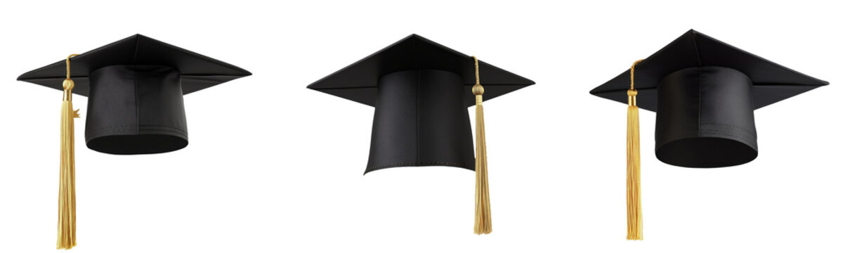 Graduation hat, Academic cap or Mortarboard in black isolated on white background with clipping path for educational phd hat design mockup and school commencement hat mock-up template