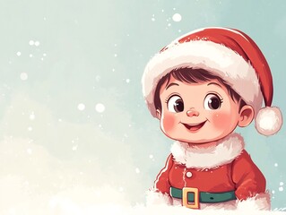 Cartoon Style Happy Baby in Santa Costume on Pastel Background with Copy Space