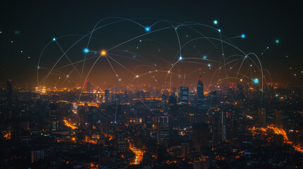 Smart digital city with connection cyber security network reciprocity over the cityscape . future smart wireless digital city and social media networking systems that connects people within the city