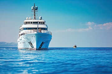 Luxury yacht cruising on calm blue waters.