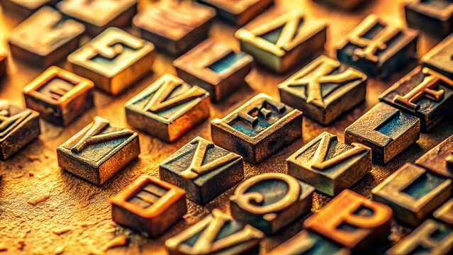 Close-Up of Vintage Typeset Letters: Detailed Typography Texture Stock Photo