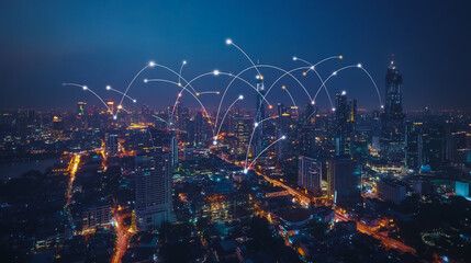 Fototapeta premium Smart digital city with connection cyber security network reciprocity over the cityscape . future smart wireless digital city and social media networking systems that connects people within the city